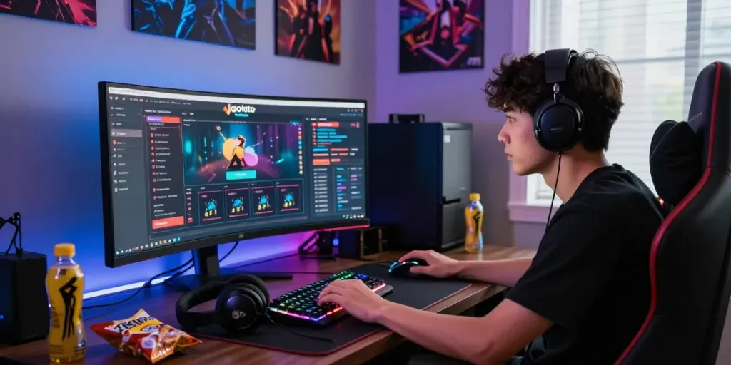 Gamer menggunakan jagototo di ruang kerja modern dengan monitor dan alat canggih.