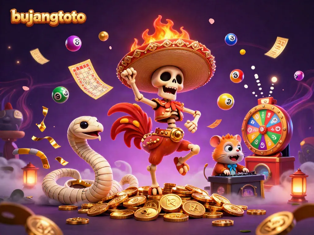 Experience the excitement of bujangtoto with a vibrant online casino scene featuring dynamic characters and lottery elements.