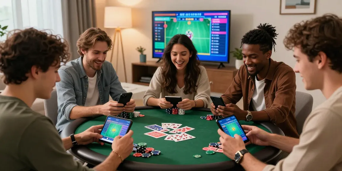 A lively group enjoying the go8 gaming platform, showcasing mobile gameplay and poker chips in a cozy atmosphere.