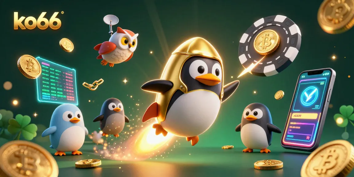 Experience the thrill of ko66 as the golden penguin navigates a vibrant casino space with cryptocurrency elements.