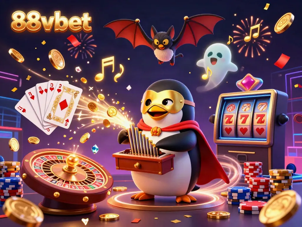 Experience the excitement of 88vbet with a phantom opera penguin playing casino tunes amidst a flurry of gold.