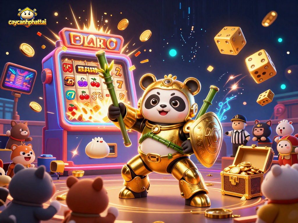 Engage with the exciting caycanhphattai game featuring a golden panda mech robot amidst a jackpot explosion.