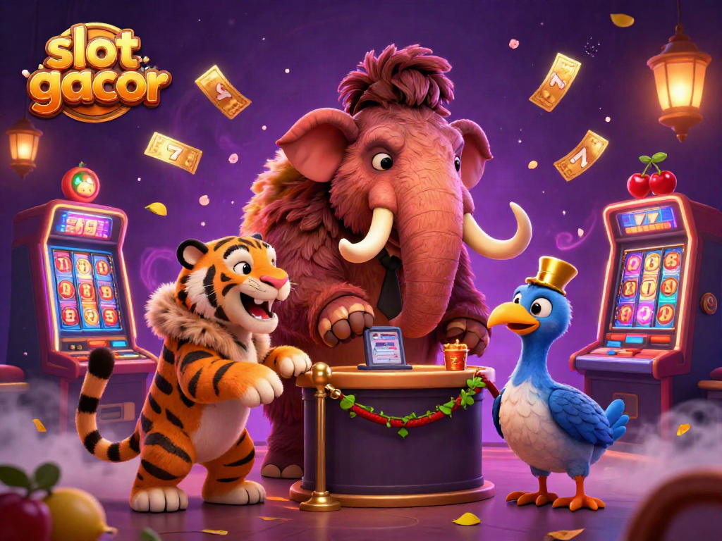 Engage with the slot gacor excitement featuring vibrant characters and casino elements in a lively digital illustration.