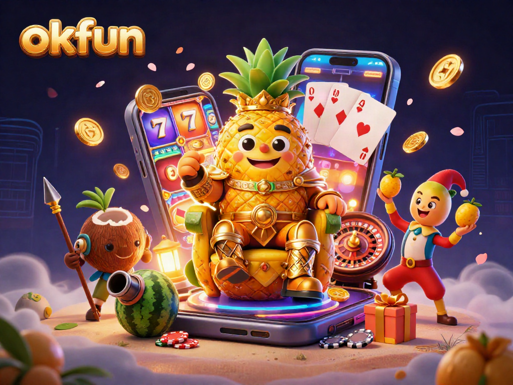 Spin to win with okfun's vibrant 3D casino scene showcasing characters and gaming action.