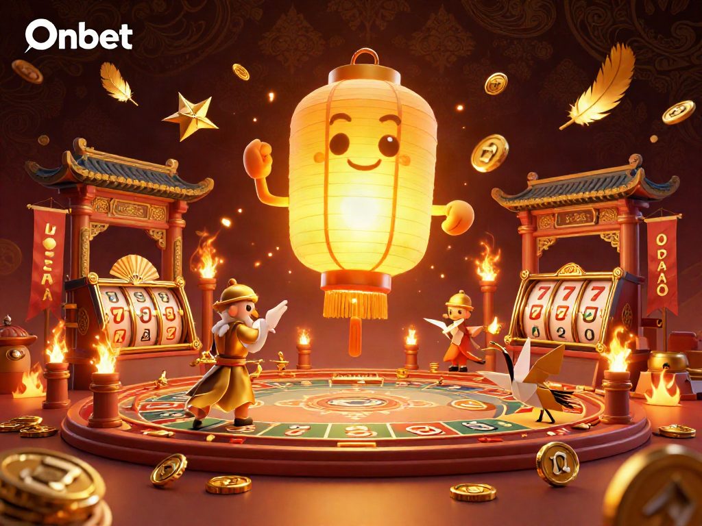 Win big at Onbet with vibrant casino games and golden spirit lanterns.