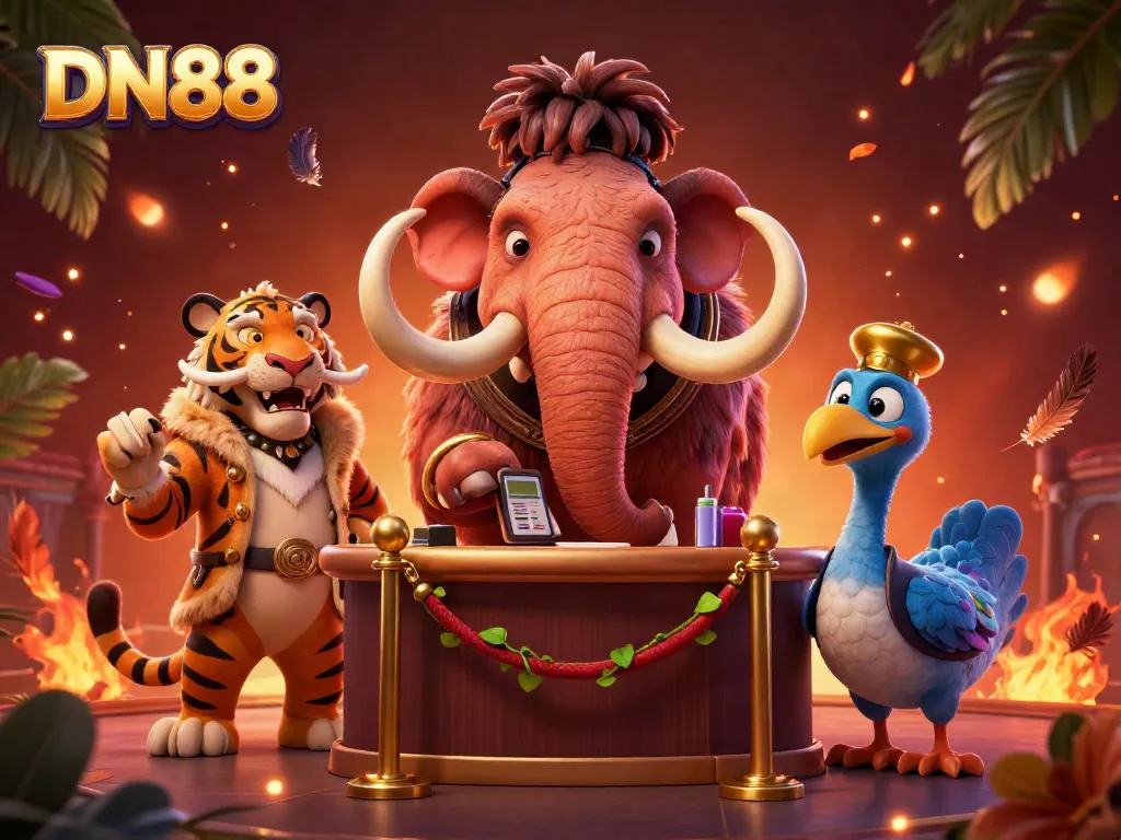 Experience fun with DN88 at the online casino featuring a vibrant scene with a mammoth bouncer and saber-tooth guest.