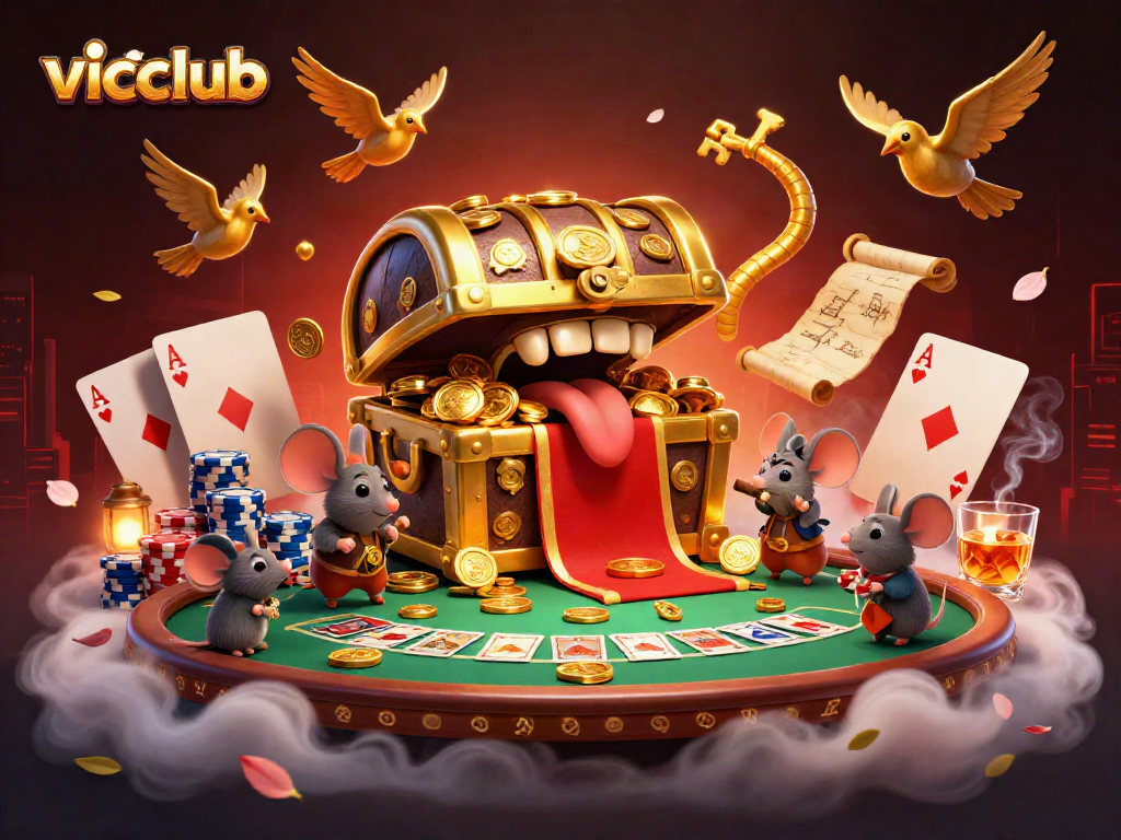 Vicclub's vibrant casino scene features adventurer mice drawn to a treasure chest amid poker elements.