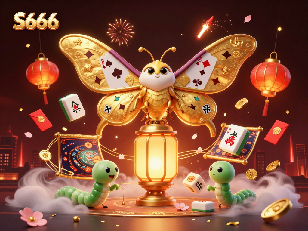S666 casino adventure featuring a majestic atlas moth and golden game elements for players.