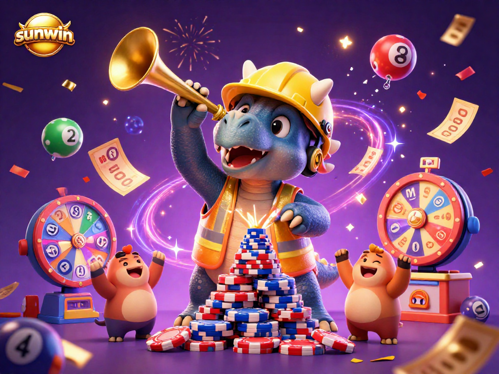 Celebrate with sunwin's dynamic casino scene featuring colorful lottery elements and engaging characters.
