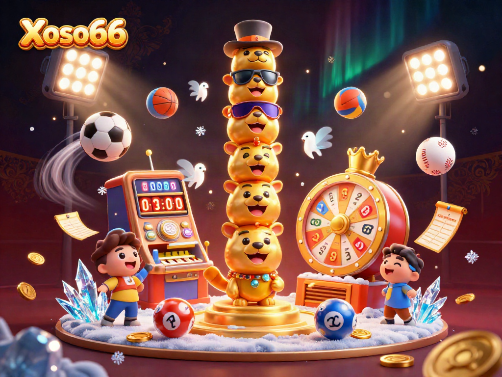 Engage with Xoso66's vibrant lottery scene featuring colorful number balls and dynamic casino elements.