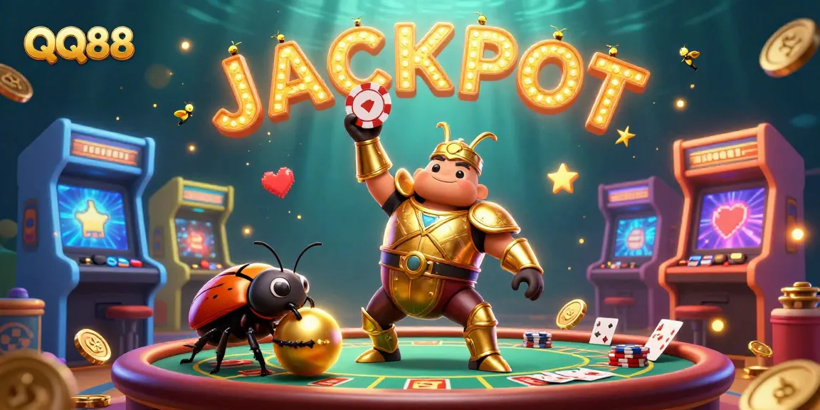 Win big with QQ88 as the hercules beetle celebrates a jackpot amid vibrant casino elements.