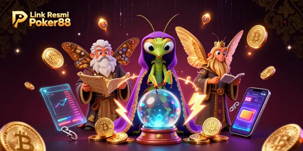 Engage with Link Resmi Poker88 through an enchanting casino scene featuring whimsical characters and crypto elements.