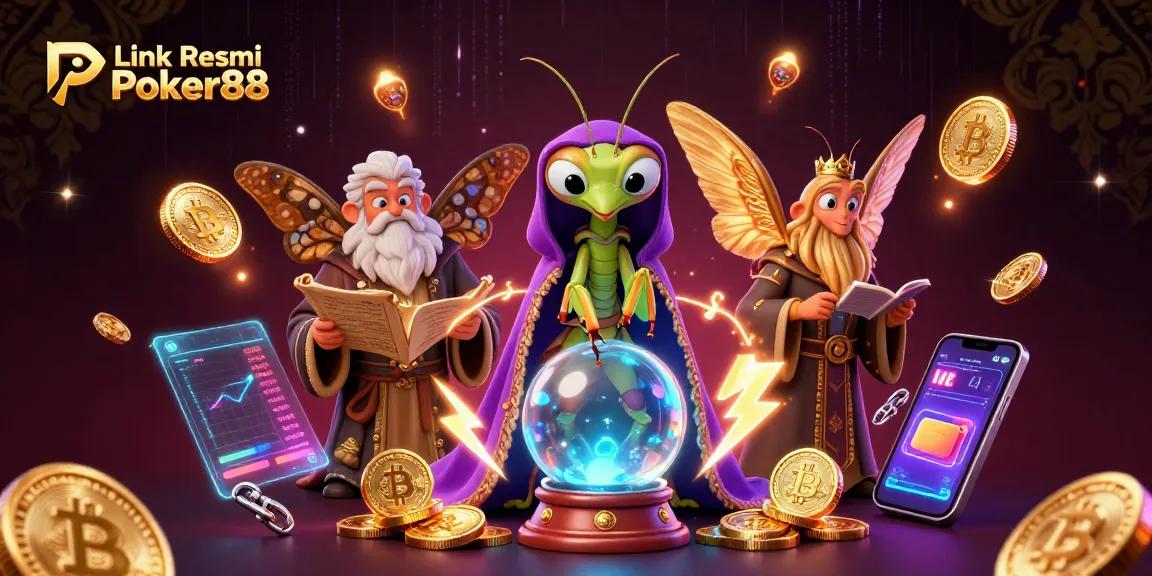 Engage with Link Resmi Poker88 through an enchanting casino scene featuring whimsical characters and crypto elements.