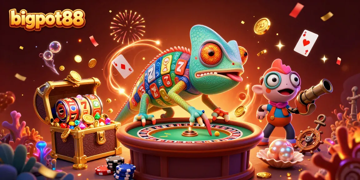 Menangkan permainan dengan bigpot88 saat chameleon pemilik kasino melemparkan chip poker dan koin emas.