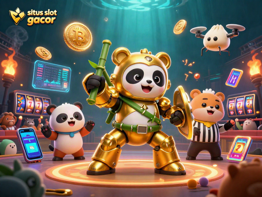 Menangkan permainan di situs slot gacor dengan karakter panda emas dan elemen kasino digital.