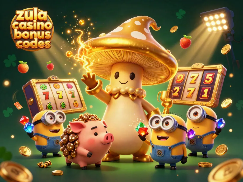 Zula Casino bonus codes feature a wizard with treasures and slot elements, illustrating gambling fun.