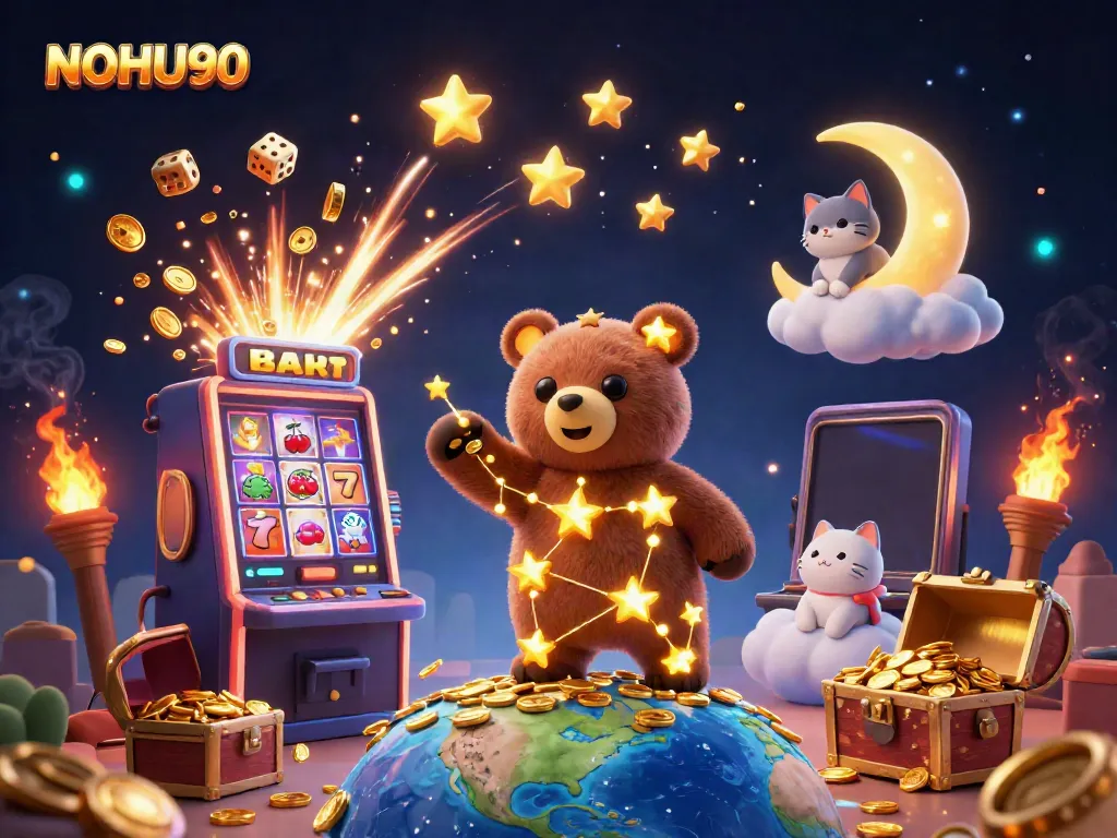 Engage in thrilling wins with NOHU90's vibrant casino scene filled with captivating characters and game elements.