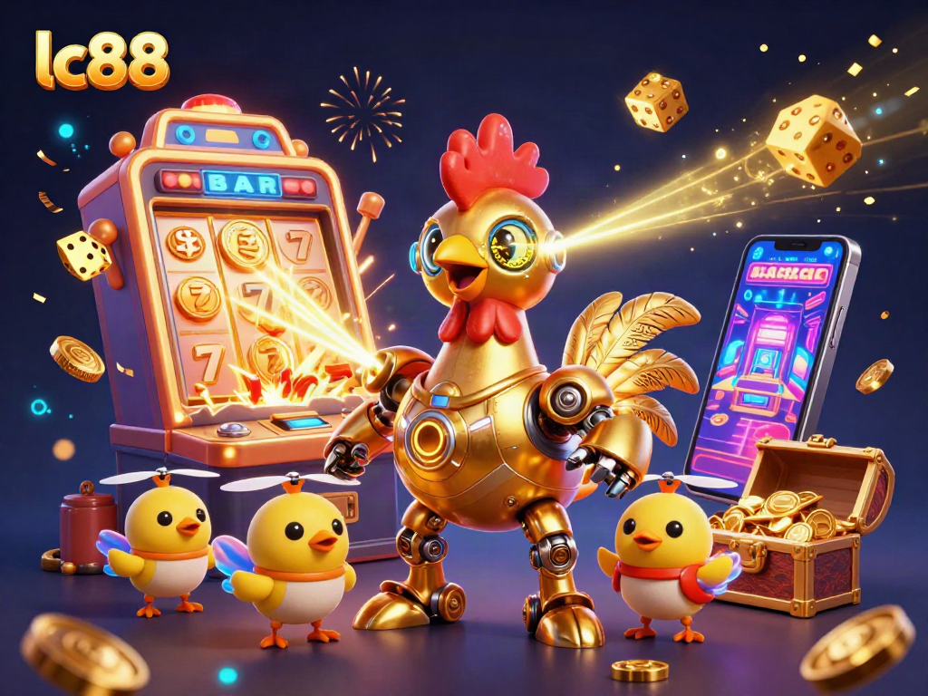 Experience excitement with lc88’s retro-futuristic casino illustration featuring golden symbols and dynamic gameplay.
