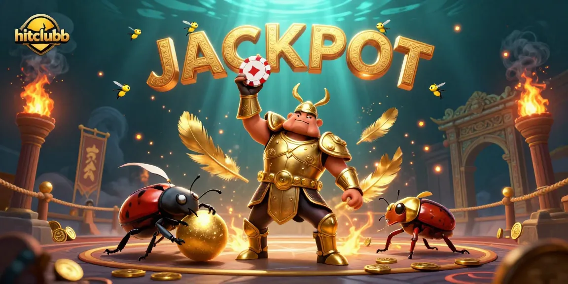 Hitclubb triumphs as a gladiator beetle celebrates a jackpot victory in a vibrant casino arena.