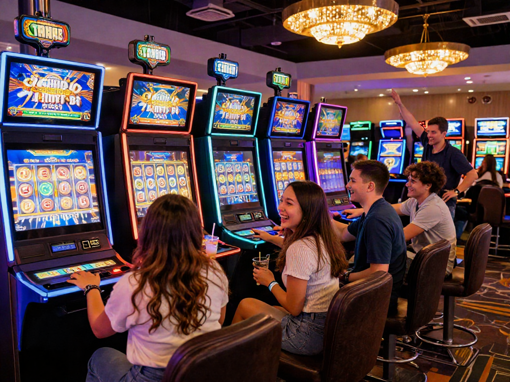 Friends enjoying a lively slot demo at a casino with bright machines and drinks.