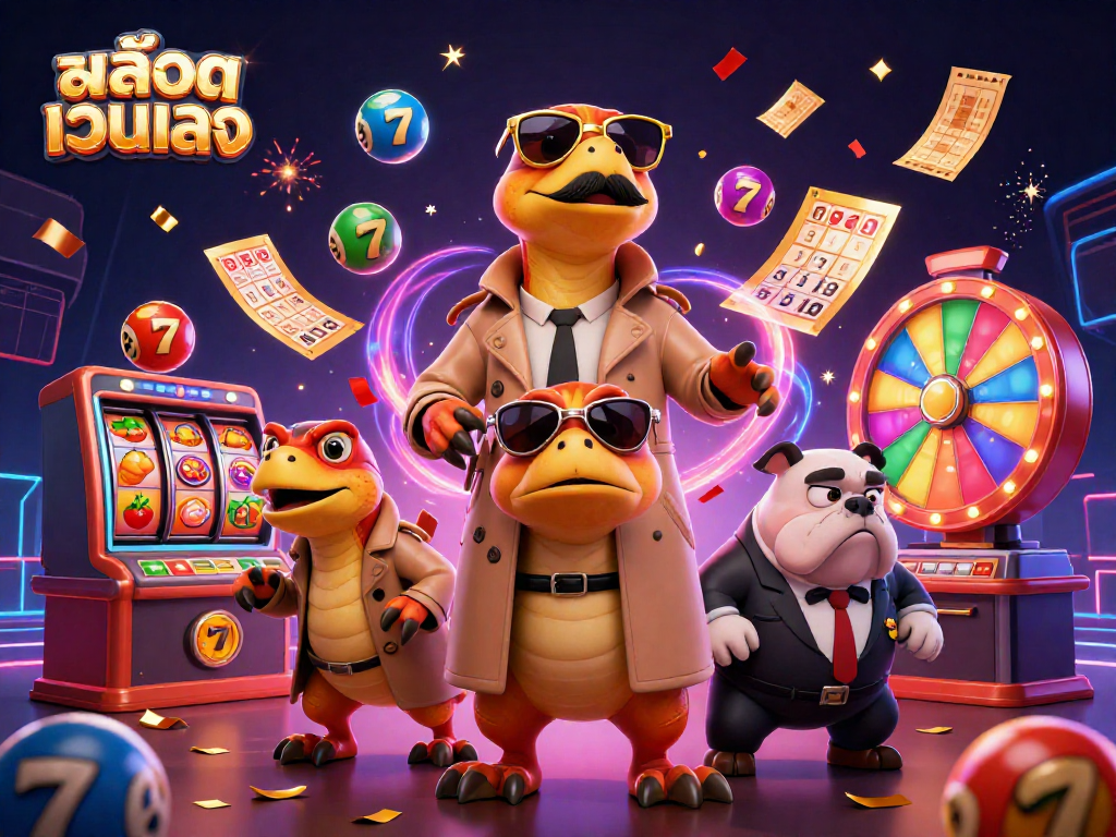 Experience excitement with สล็อตเว็บตรง as three raptors sneak into a VIP casino lounge amid animated games and colorful lottery excitement.