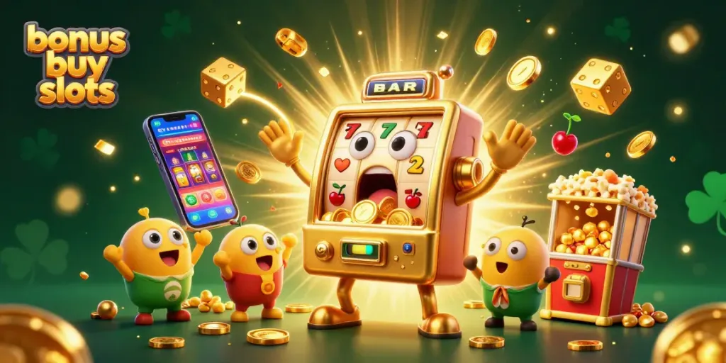 Experience excitement with bonus buy slots as a golden slot machine wins big, surrounded by festive elements.
