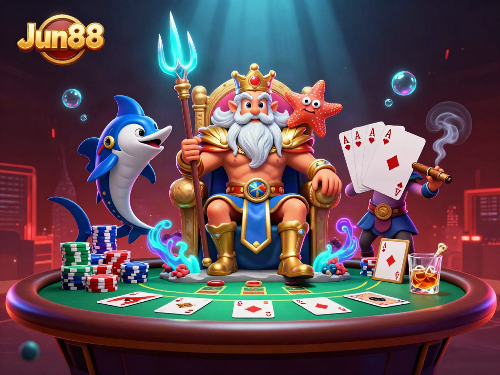 Engage with Jun88's thrilling poker scene featuring Neptune and animated characters.