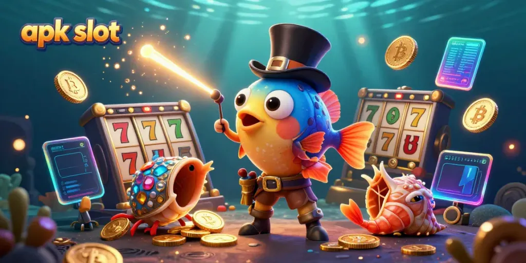 Spin to win with thrilling apk slot symbols and vibrant 3D characters in a dynamic underwater scene.
