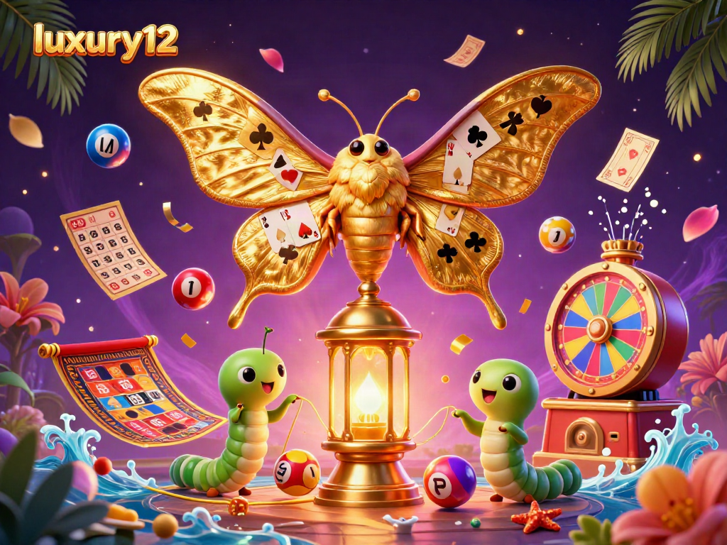 Engage in luxurious gaming with luxury12 at a vibrant casino scene featuring a moth with golden wings.
