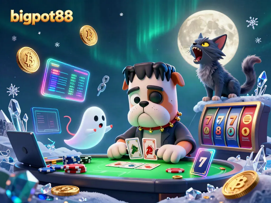 Experience bigpot88's thrill with a Frankenstein bulldog dealer, coins, and ghostly fun at a vibrant casino.