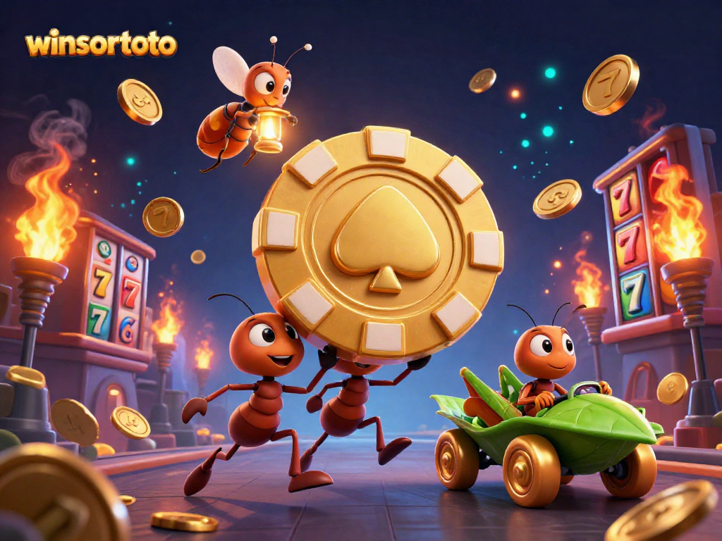 Visualisasi semut beraksi dalam kemenangan kasino winsortoto dengan chip poker emas yang besar.