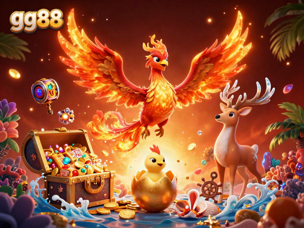 Win big with gg88's thrilling casino scene featuring a golden phoenix and exciting game elements