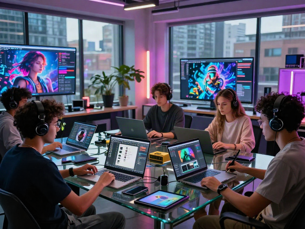 Collaborative environment showcasing creators using an ai porn generator in a modern digital studio.
