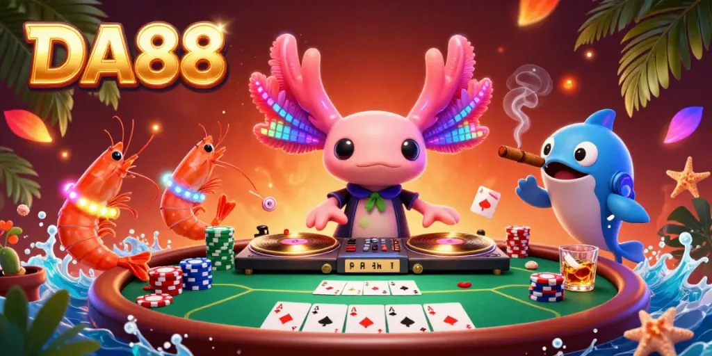 Experience the vibrant energy of DA88 with a neon axolotl DJ and lively shrimp in a dynamic casino scene.