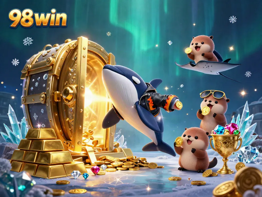Engage in the thrilling world of 98 win with a dynamic scene featuring an orca, stingray, and otters celebrating their big wins.