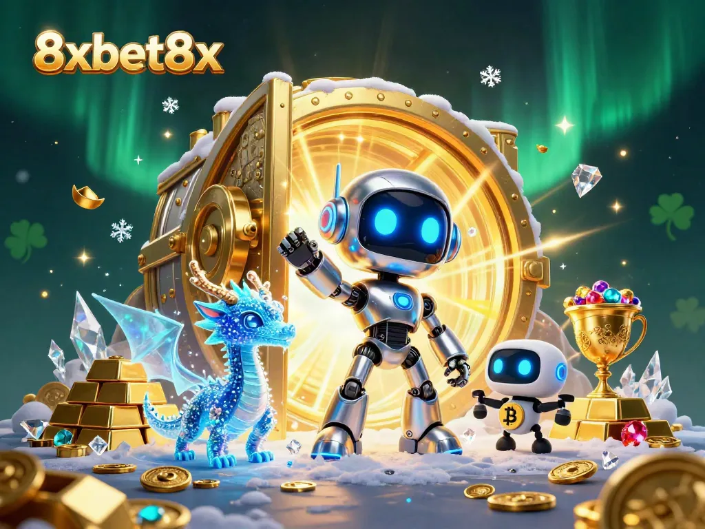 Experience dynamic gaming with 8xbet8x featuring futuristic robots and treasure-filled scenes.
