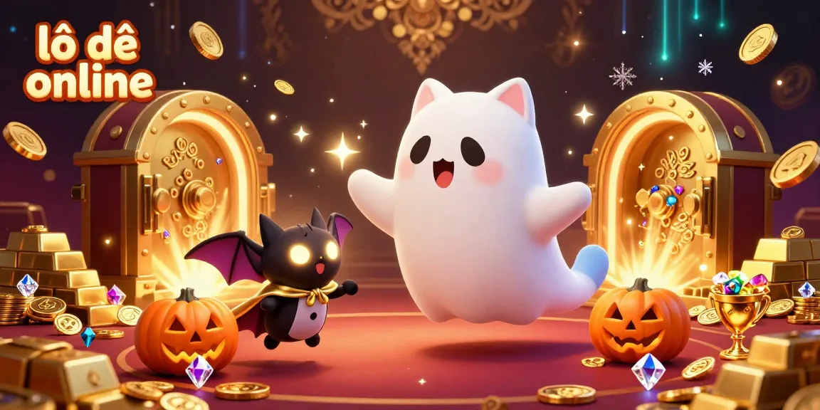 Experience the vibrant world of lô đề online with playful ghost cats and poker-themed jack-o-lanterns in a festive gambling scene.