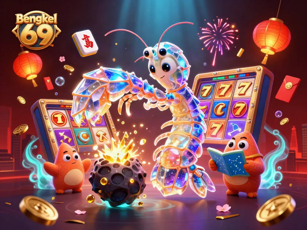 Win big with the vibrant scene of Bengkel 69 featuring colorful slots, gems, and cosmic visuals.