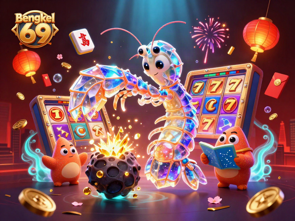 Win big with the vibrant scene of Bengkel 69 featuring colorful slots, gems, and cosmic visuals.