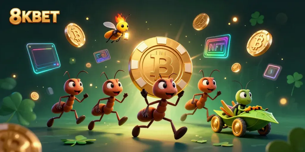 Engaging 8KBET heist scene with cartoon ants, poker chip, cryptocurrency, and vibrant background