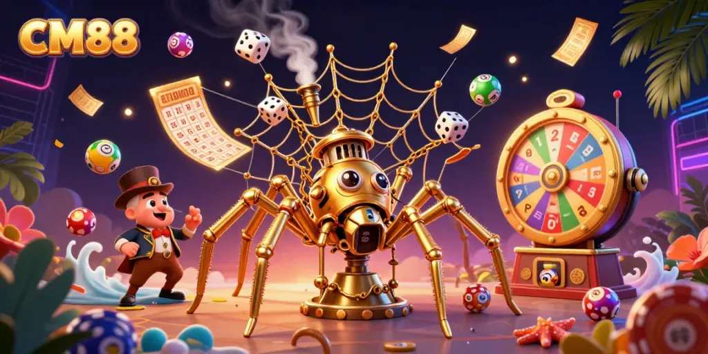 Experience thrilling gaming at CM88 with a steampunk spider capturing excitement in a dynamic casino scene.