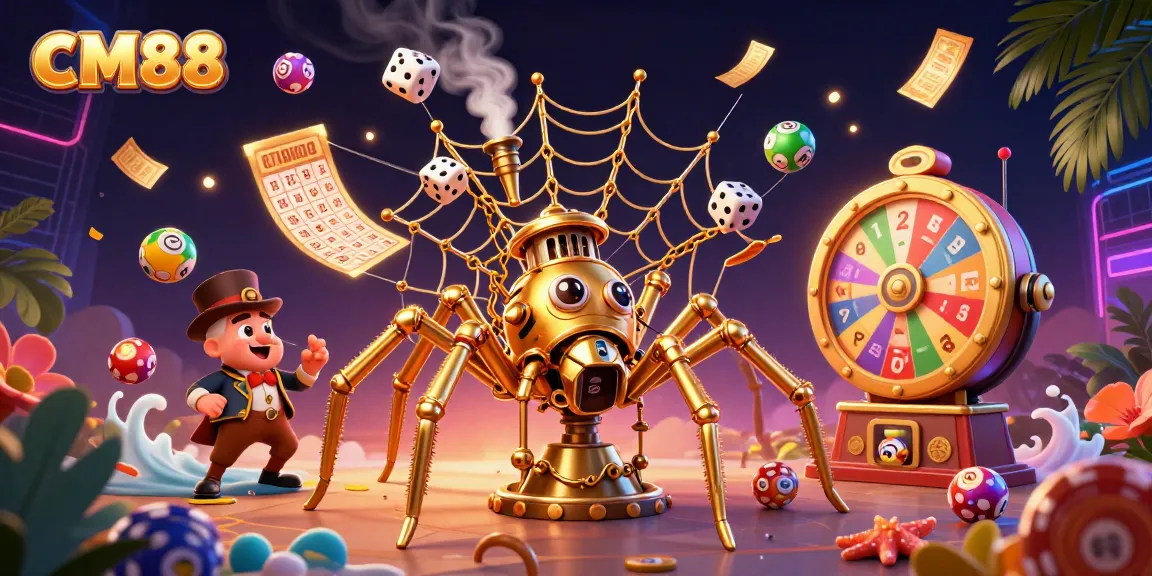 Experience thrilling gaming at CM88 with a steampunk spider capturing excitement in a dynamic casino scene.