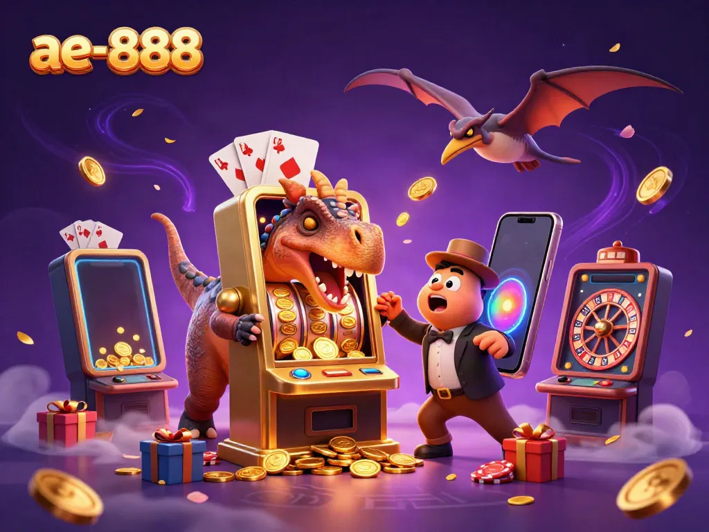 Experience the thrilling world of ae-888 with cartoon action as dinosaurs interact with golden slots and coins.