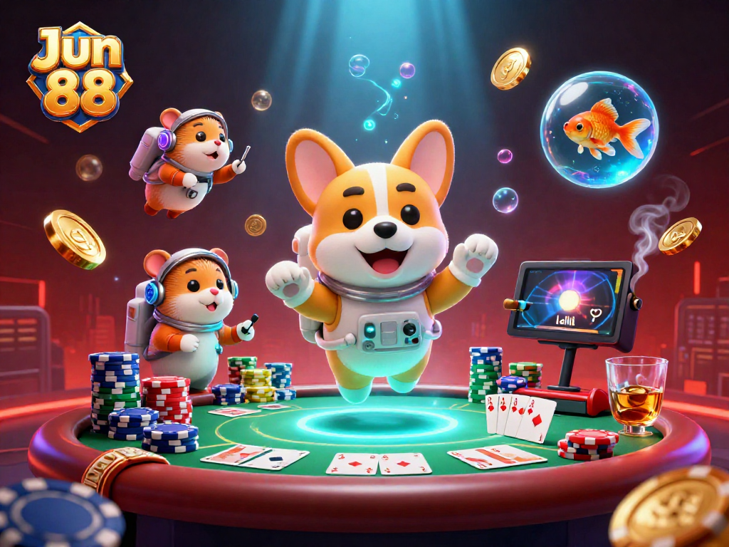 Play exciting games at Jun 88, featuring a floating corgi and colorful poker chips in an engaging casino scene.