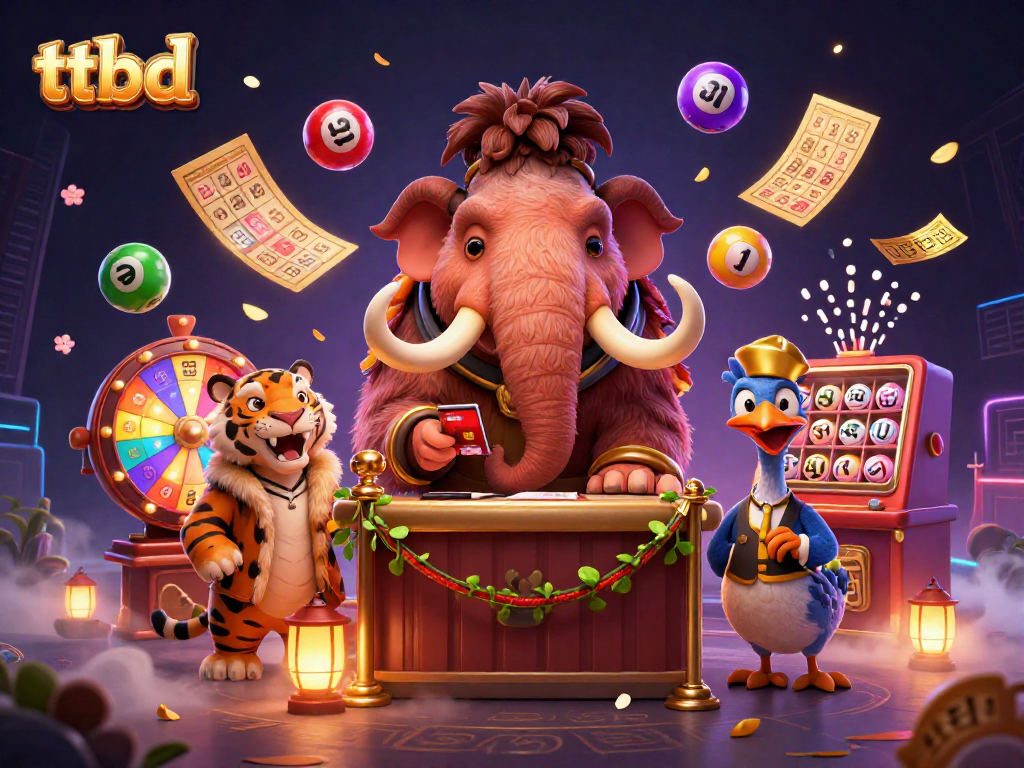 Engage with ttbd's colorful lottery scene featuring a mammoth bouncer and a saber-toothed tiger.