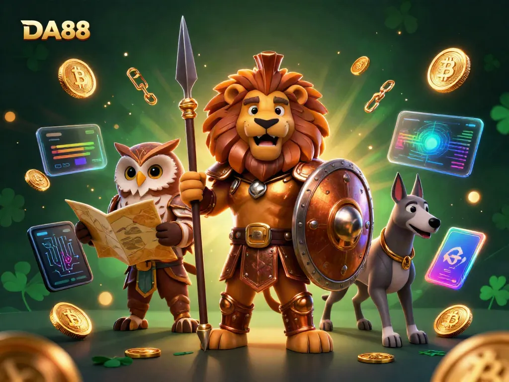 Engage in gaming strategies with DA88 in a vibrant 3D casino scene filled with crypto elements.