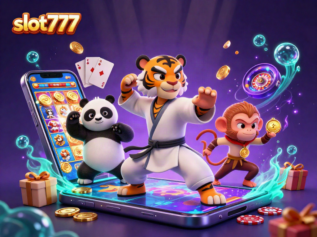 Permainan slot777 yang menarik dengan karakter kartun 3D singa kung fu, panda, dan monyet mencuri medali.