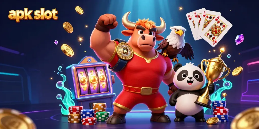 Engage with apk slot excitement, featuring a bull mascot and festive casino elements.