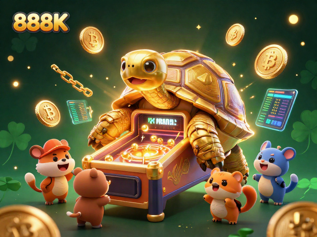 Experience thrilling gameplay with 888K, featuring a golden tortoise pinball with vibrant casino elements.