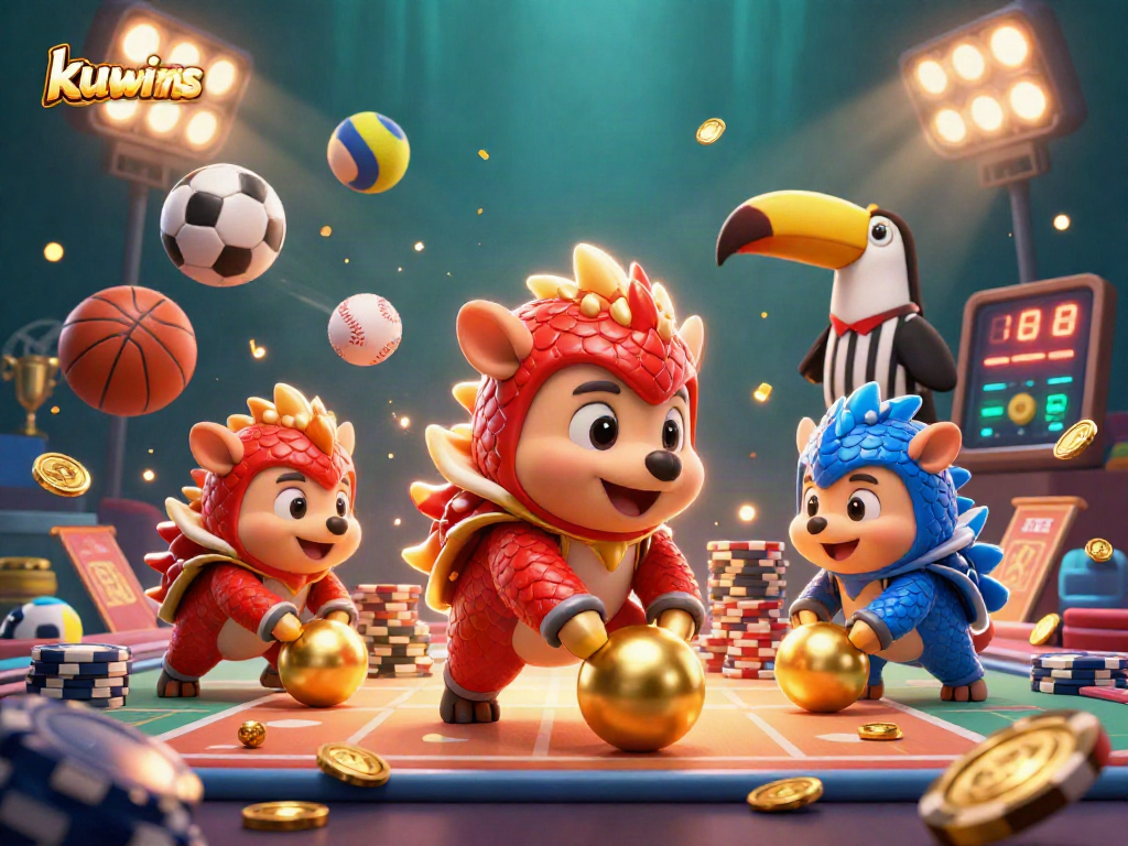 Kuwinss pangolins compete in a vibrant casino scene, rolling poker chips and sports balls around.